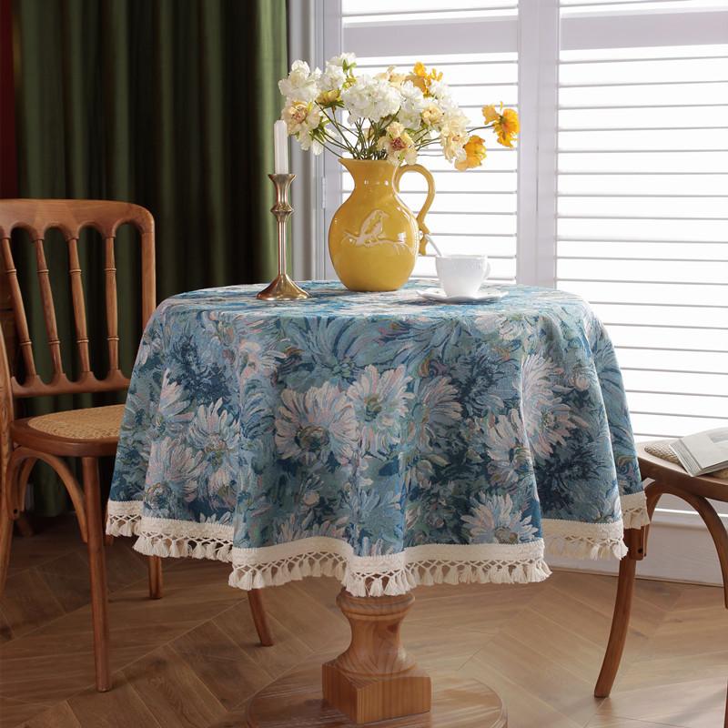 Винтажная Хлопко-Полиэстеровая Цветная Тканая Жаккардовая Скатерть с Рисунком под Масляную Живопись Синие Ромашки с Бахромой Круглая Скатерть для Кофейного Столика Скатерть для Обеденного Стола