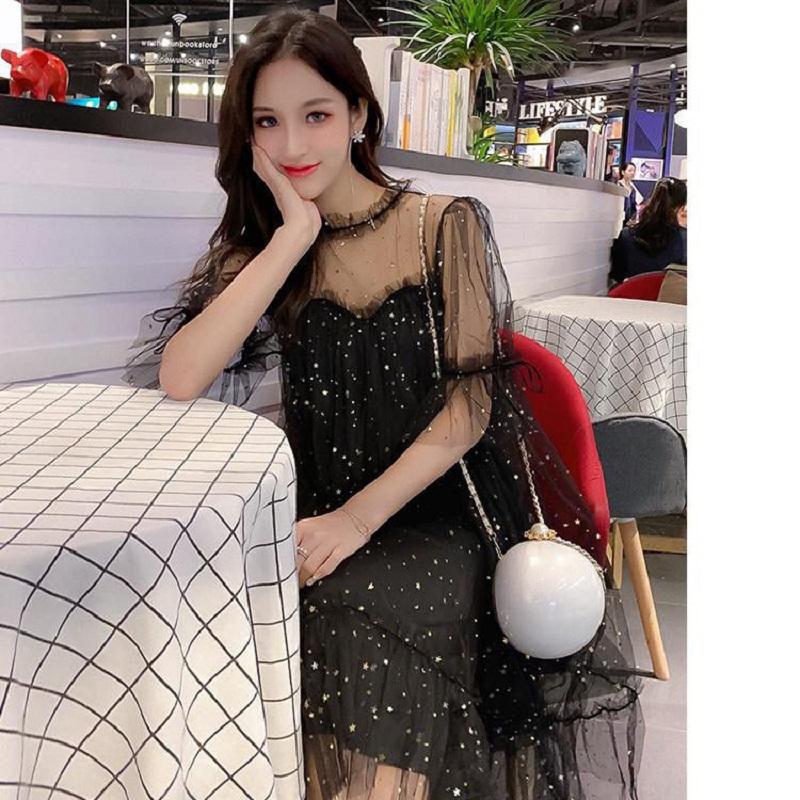 Элегантное женское блестящее платье феи с круглым вырезом на весну и лето, расшитое звездами и блестками, женское элегантное блестящее газовое платье принцессы с пышными юбками