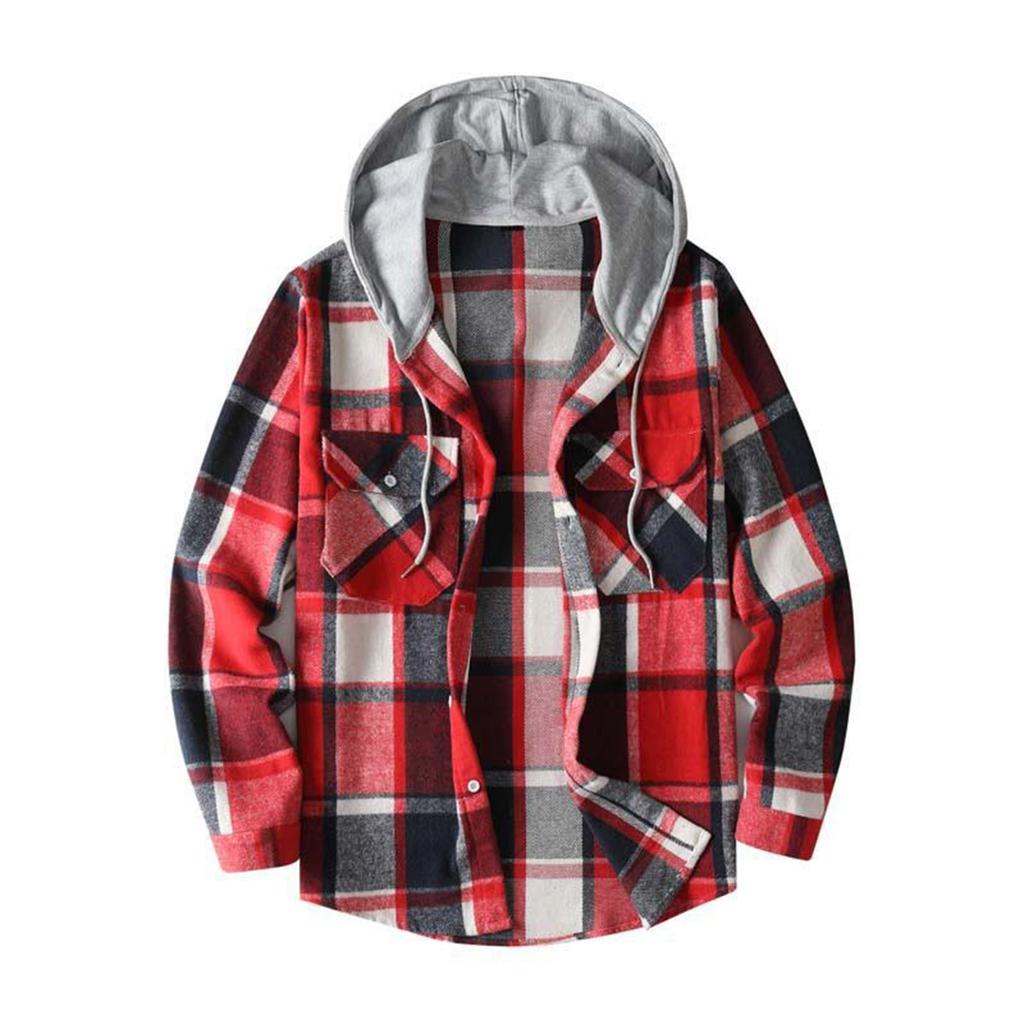 Men's Striped Plaid Casual Loose Button Lapel Long Sleeve Hooded Cardigan Shirt Jacket