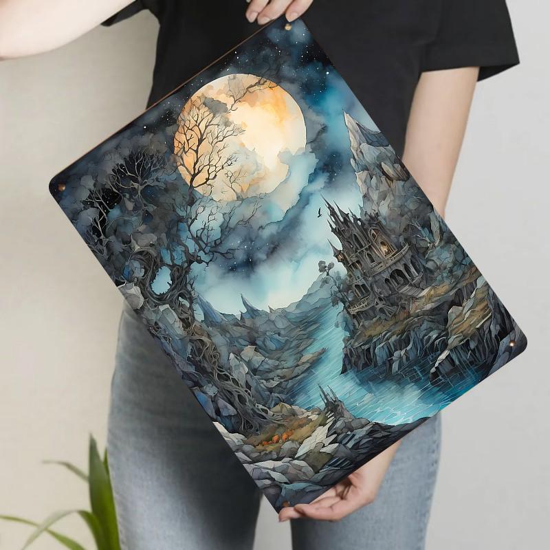 Moonlit Fantasy Castle Metal Wall Art Decorative Painting for Home Decoration