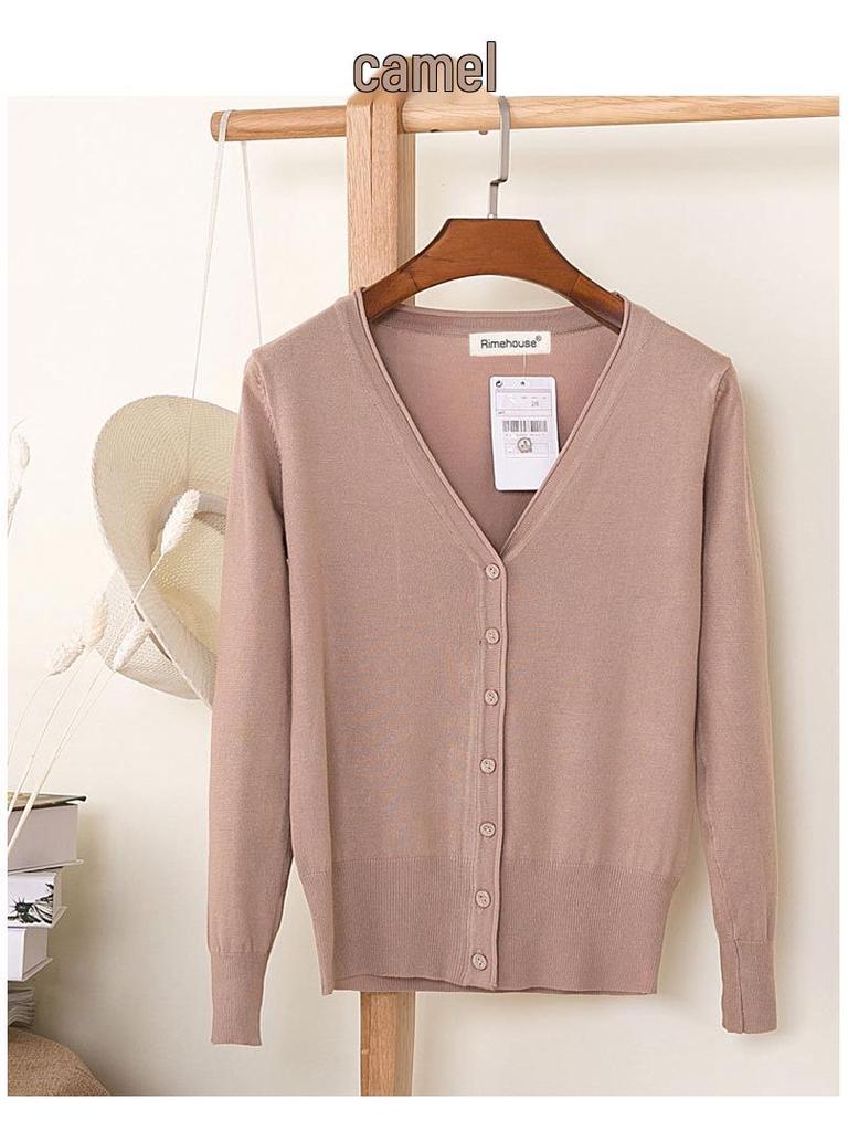 Корейский вязаный кардиган с V-образным вырезом: Женский топ с длинным рукавом, универсальный для весны и осени.