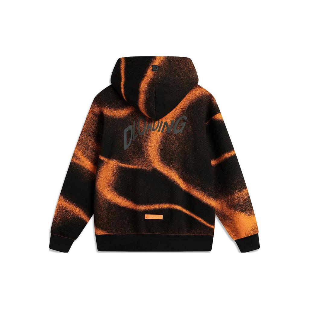 Li-Ning Теплый свободный флисовый свитер с капюшоном и светоотражающей отделкой Tie-Dye, унисекс, черный, насыщенный оранжевый AWDTD23-6