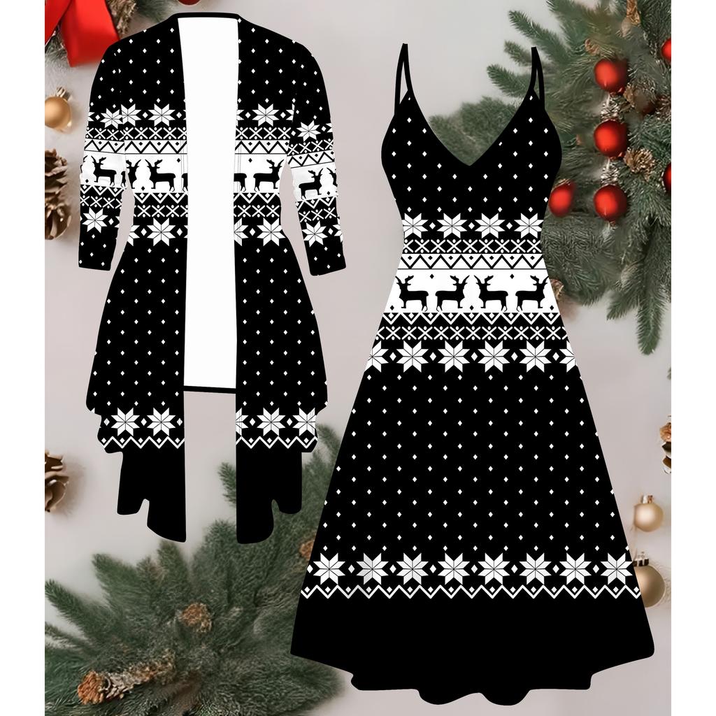 3D Рождественский Принтованный Набор Платье Пальто на День Святого Валентина, Эксцентричный Классический Тотем Модный Принт, подходит для Различных Сцен Модных Стилей
