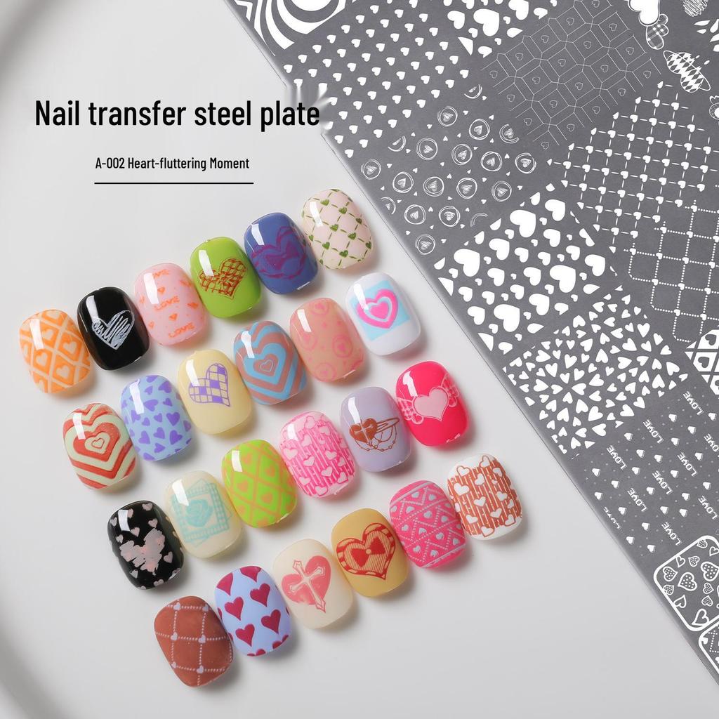 A-002 Стальная пластина для стемпинга ногтей «Мгновение сердцебиения» со скребком: Высококачественный, популярный дизайн инструмента для переноса.