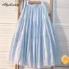 Весна-лето Женская милая юбка А-силуэта с высокой талией, светло-голубая юбка с вырезом, базовые женские хлопковые элегантные женственные юбки