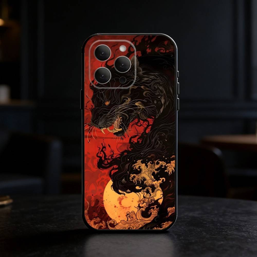 Japanese Ukiyo-e Tiger Phone Case Silicone black Soft For IPhone 17,16,15,14,13,12,11,SE,Plus Pro Max