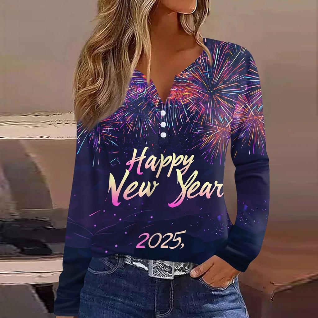 Жен. Футболка Футболка С принтом Пуговицы Длинный рукав Повседневные Выходные Мода Классический V-образный вырез Обычный Верх