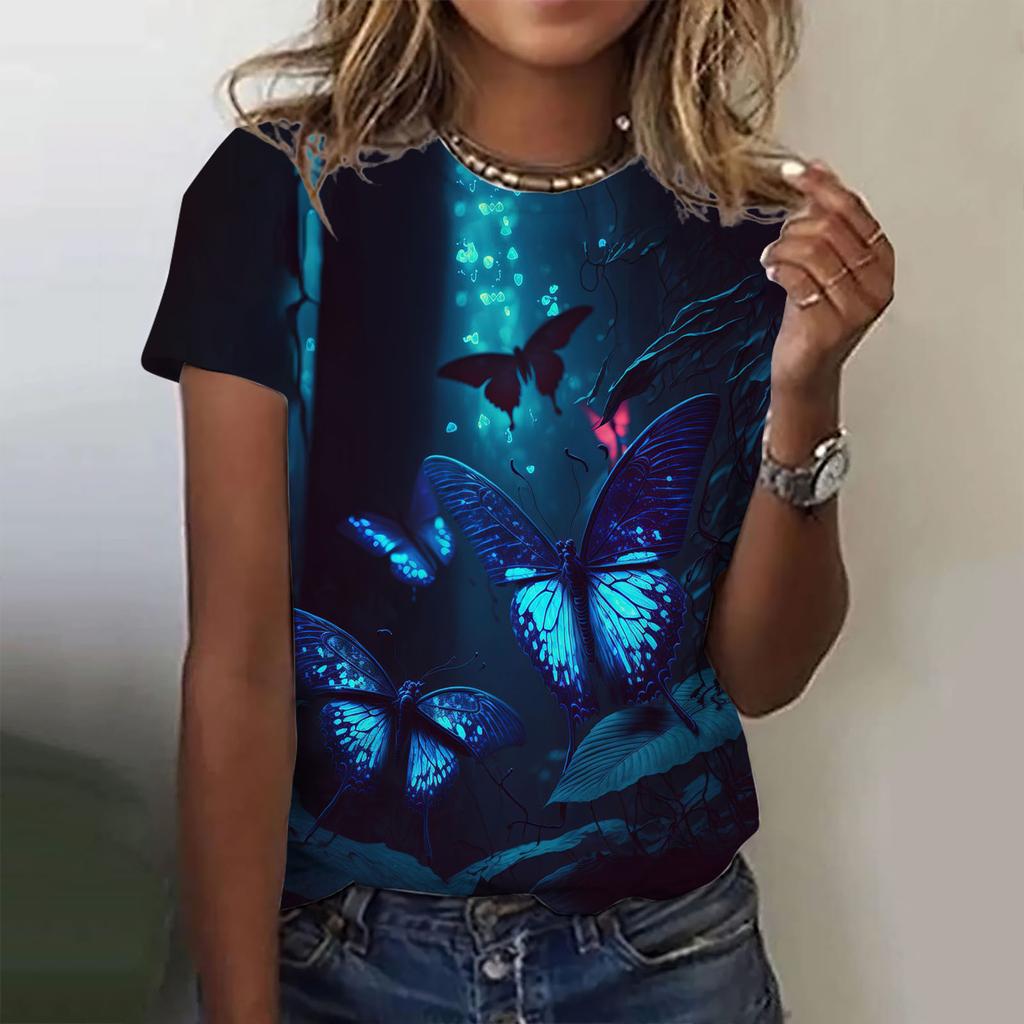 2025 Fashion Women's T-shirt 3d Butterfly Print Round Neck Short-sleeved T-shirt Luxury Women's T-shirt Oversized Girl Clothing