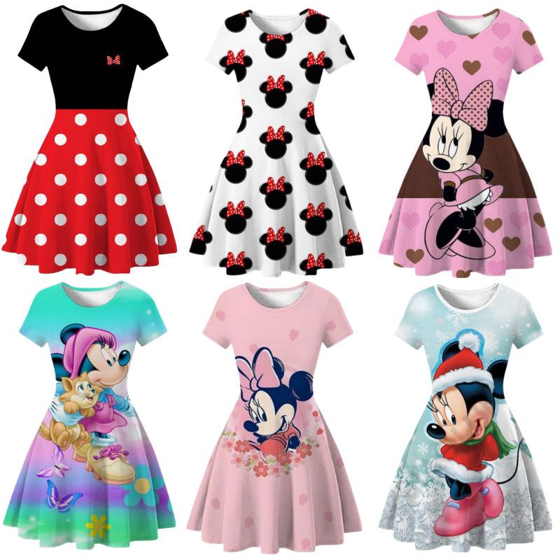 New Mickey Minnie Christmas 2D Printed Short Sleeve Dress Fashion Girls Princess Dress