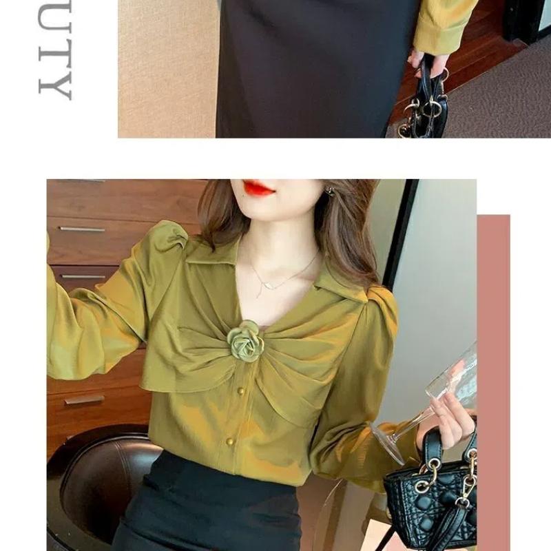 Design Sense Three-dimensional Shirt Flowers Unique Vintage Autumn New Item French Style Long Sleeved Collar Chic Blouses