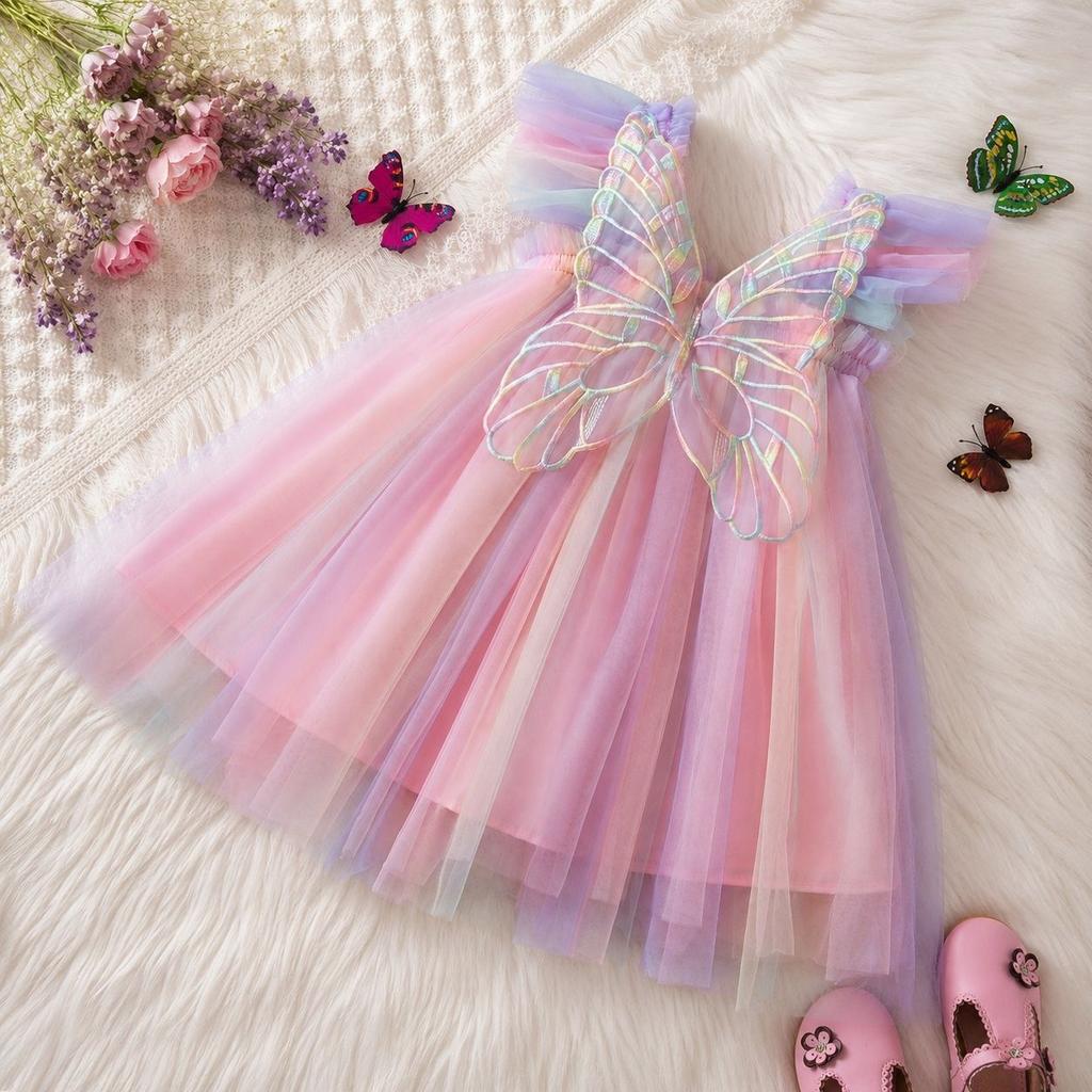 Girls Rainbow Tulle Dress with Cap Sleeves and Full Skirt for Summer