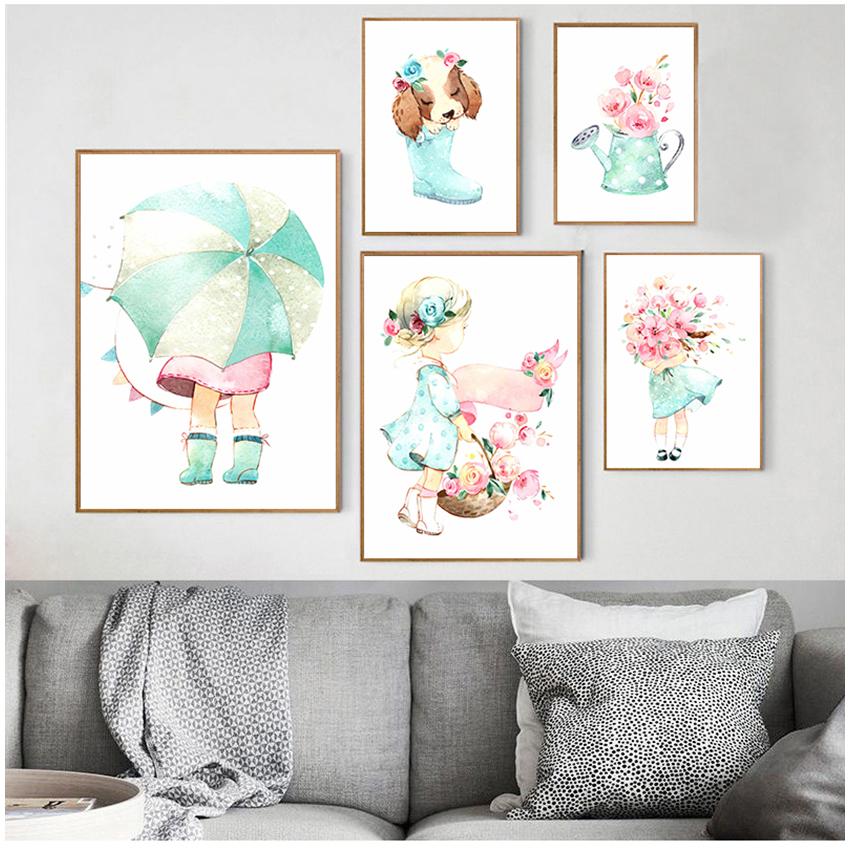 Настенные картины для детской комнаты, декор для детской комнаты, милый зонтик с розами для маленьких девочек, плакаты на скандинавскую тему и принты, настенная живопись на холсте