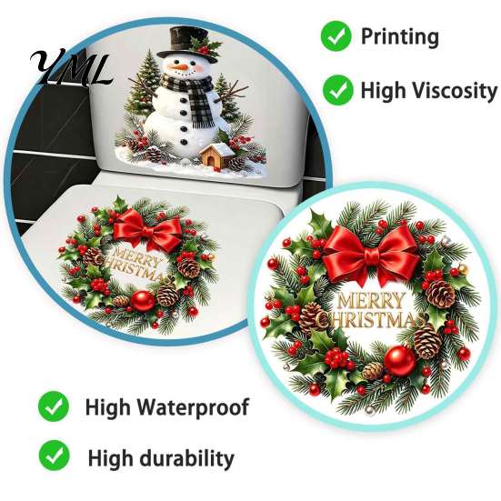 Holiday Home Decoration Decal Christmas Snowman Wreath Toilet Sticker, Peel And Stick Bathroom Decor Removable Cover Decal, Waterproof Lid Wall