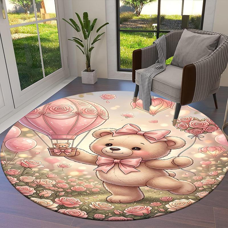 1 шт. Плюшевый мишка, Розы, Нескользящий круглый ковер для пола, Офис, семья, спальня, Ковер для большой площади, Ковер для помещений, Прочный полиэстер-L0417