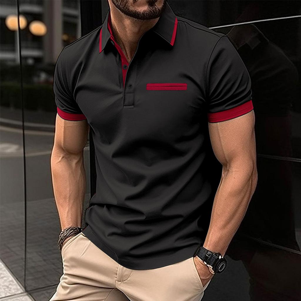 Men's Casual Polo Shirt Lapel Collar Striped Patchwork Business Solid Color T-shirts Men Short Sleeves Polos Shirts