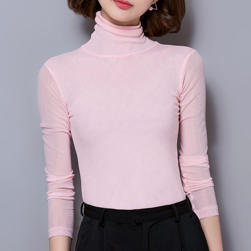 Обновленная осенняя сетчатая базовая блузка-футболка с воротником-стойкой, длинным рукавом, однотонная, облегающая, большого размера, универсальная футболка