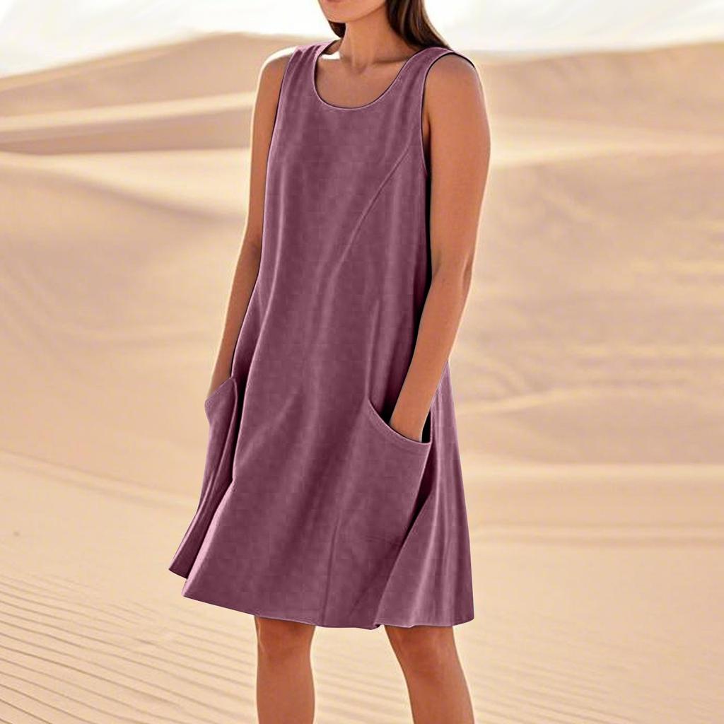 Летние платья для женщин, свободные пляжные повседневные сарафаны без рукавов с карманами, платье-майка