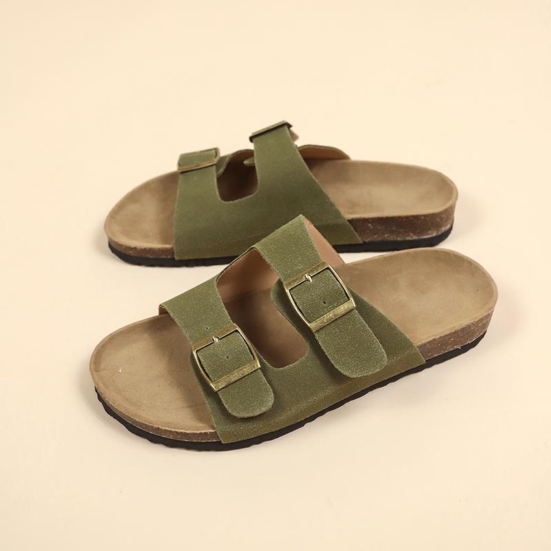 Fashion 2024 New Summer Women's Cork Slippers Casual Beach Double Buckle Non-slip Outside Nubuck Leather Slip On Slides Shoe for Women