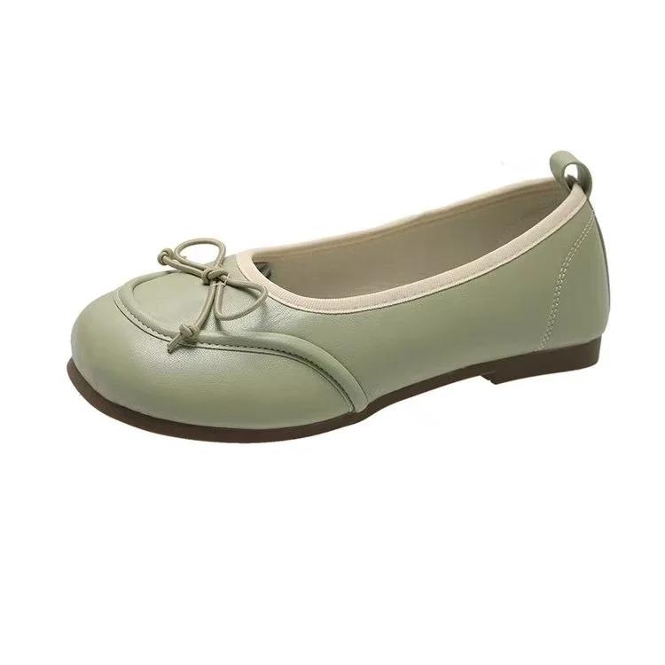 Весна 2024 года, новые модные популярные женские туфли с бантом красного цвета, универсальные туфли с круглым носком и мягкой подошвой на плоской подошве, с неглубоким вырезом, Zapatos Mujer