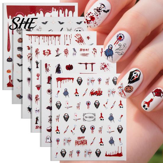 Nail Decoration Decal Set 6 Sheets Halloween Stickers for Women, Pumpkin Ghost Bat Skull Manicure Supplies Decals, Art Accessories Home Salon Decals