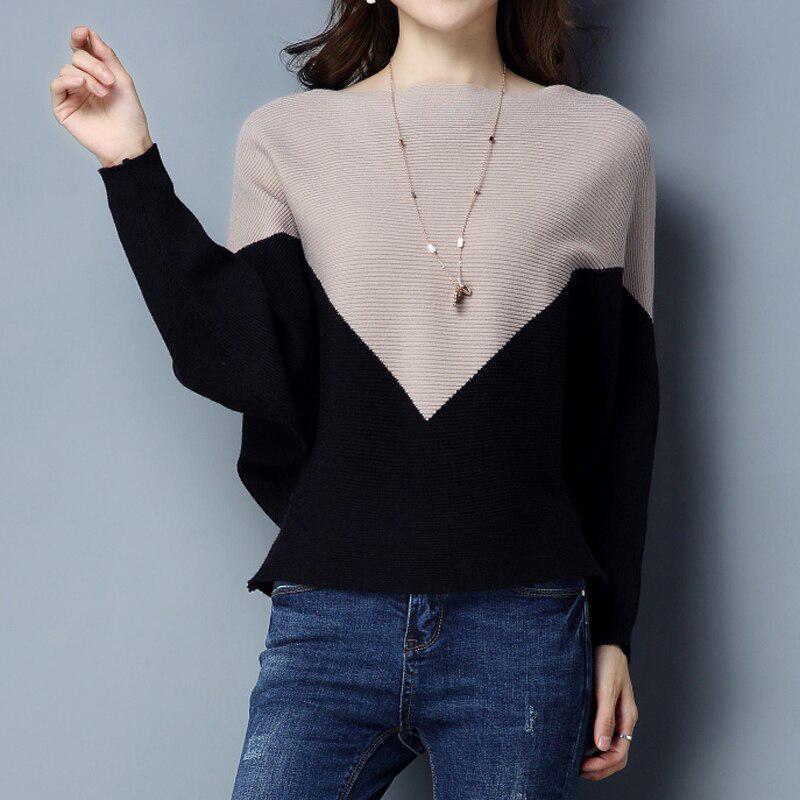 Batwing Sleeve Loose Autumn Winter Women Sweater Knit Fashion Female New Arrival Patchwork Pullover