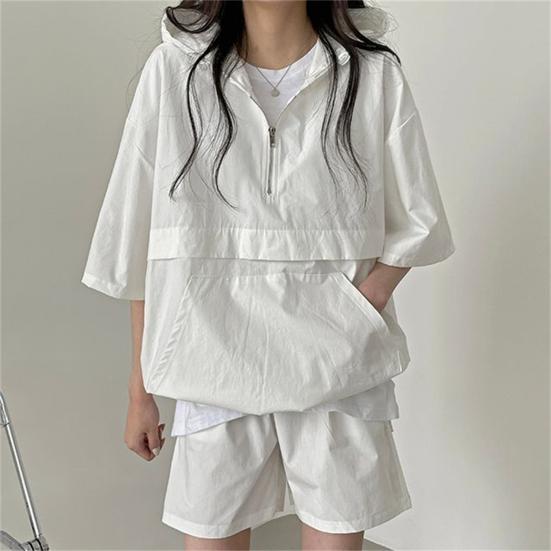 2 Pcs/Set Women Hoodie Shorts Set Half Zipper Hooded Three-quarter Sleeve Loose Big Pocket