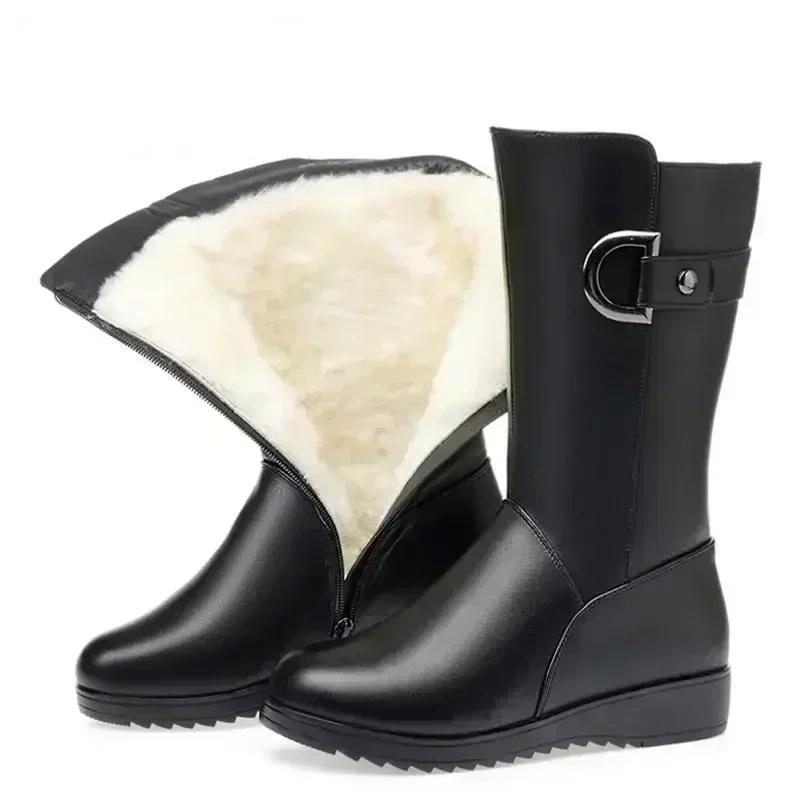 Winter Black Brown Leather Platform Women Boots Thick Wool Warm Women 7cm High-Heel Female Snow Boots Outdoors Cotton Shoes