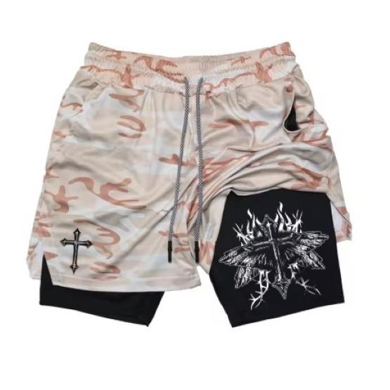 Muay Thai Kick Boxing MMA Shorts Cross Christian Camouflage God Men Women Unisex Double Layer Quick Dry Breathable Sport Gym Fitness Workout
