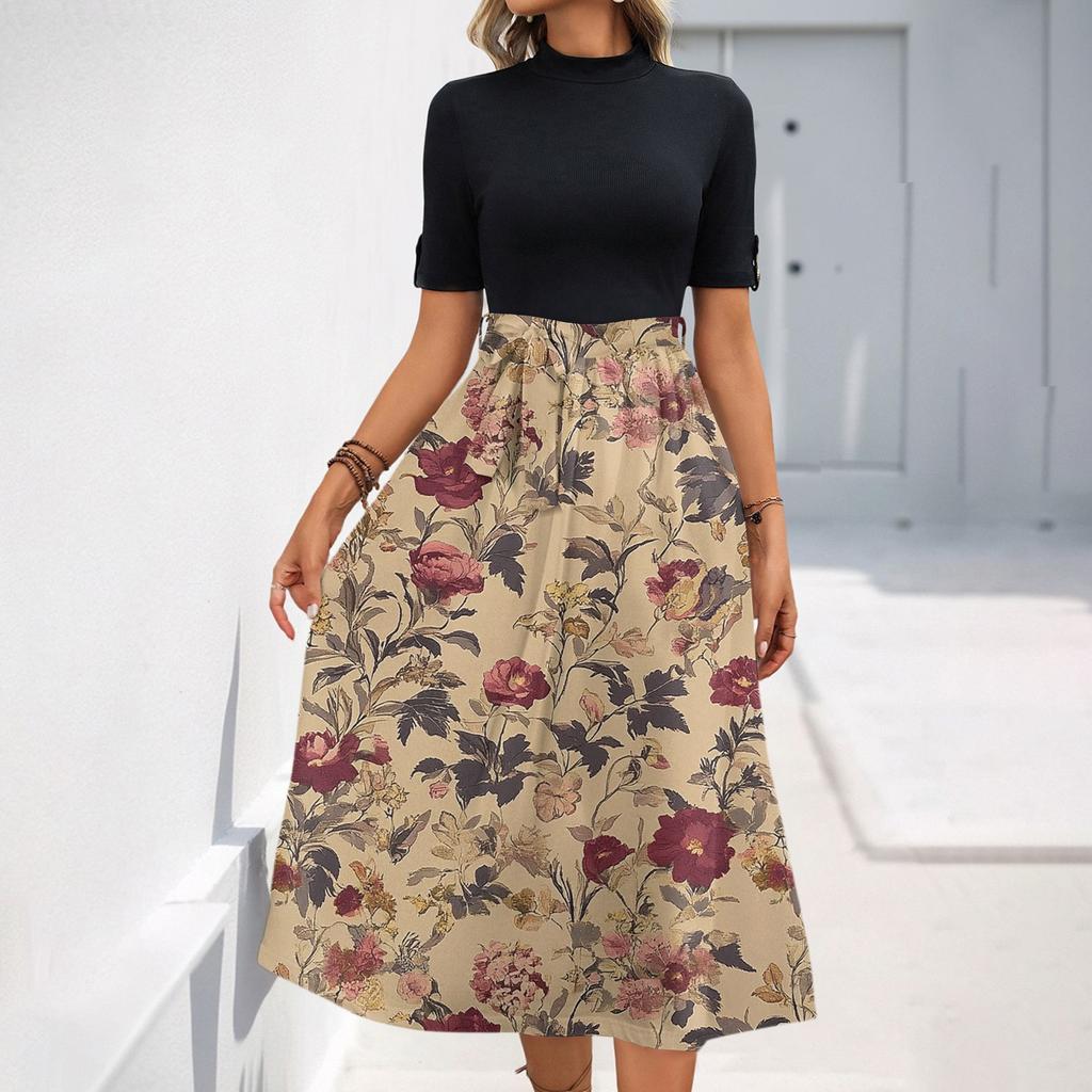 Женское модное повседневное платье с коротким рукавом и круглым вырезом с цветочным принтом и элегантным темпераментом