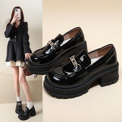 Женские лоферы на платформе, модели весна-осень 2025 года, универсальные французские туфли-лодочки на высоком каблуке, черные, со стразами, пряжка, в британском стиле, из маленькой кожи