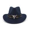 QBHAT Unisex Carnival Cowboy Fashion Hat Roll Brim Wool Felt Fedora Mens Ladies Western Hats Metal Bullhead Decorated Trilby
