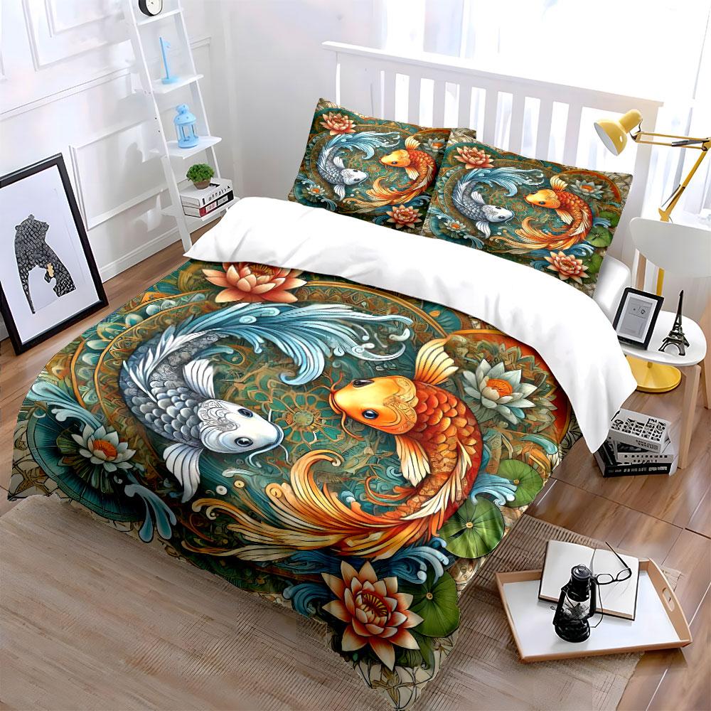 "Fish Art Set Decorative Use" Soft Skin-Friendly Bedding Set Includes 1 Duvet Cover And 2 Pillowcase, Gift