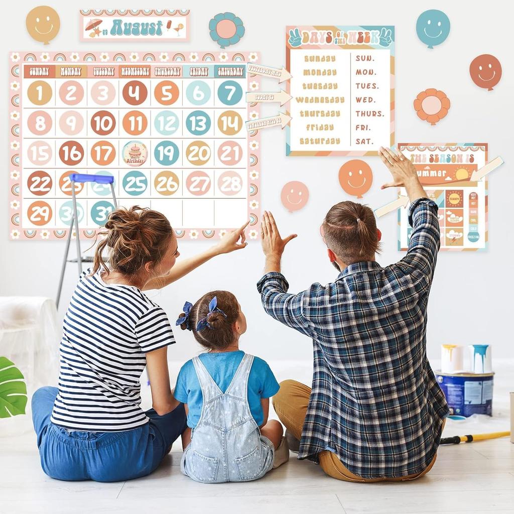 Groovy Classroom Calendar Bulletin Board Set Decorations Retro Hippie Calendar Seasons Weather Chart CTP Bright Paper-Cuts Boho Hippie Wall Decals