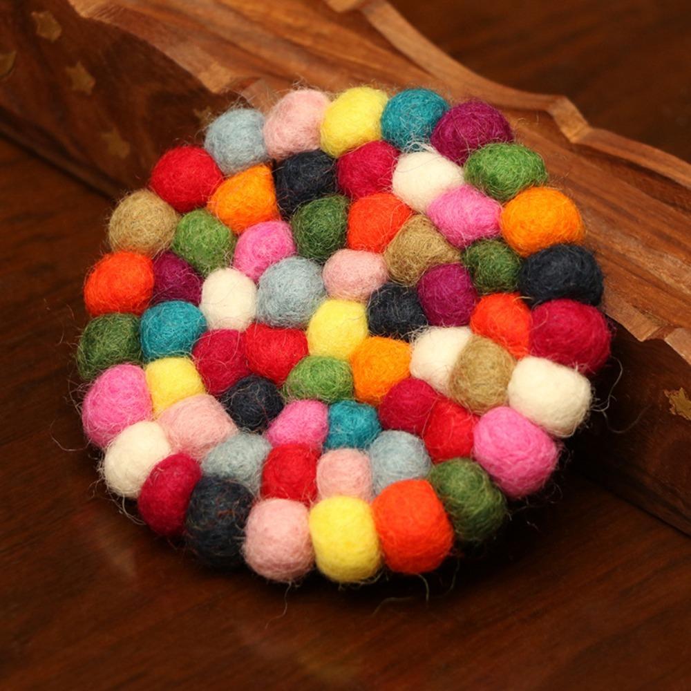 5 Pcs Wool Felt Round Felt Ball Coasters Colorful Handmade Wool Felt Small Cup Mat Table