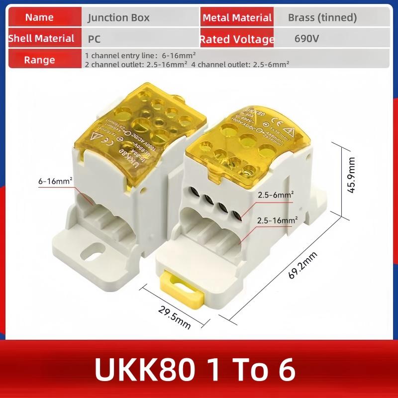 NEW DIN Rail Terminal Block UKK Series 80A Distribution Box One In Six Out Power Wire Electrical Connector Junction Equipment
