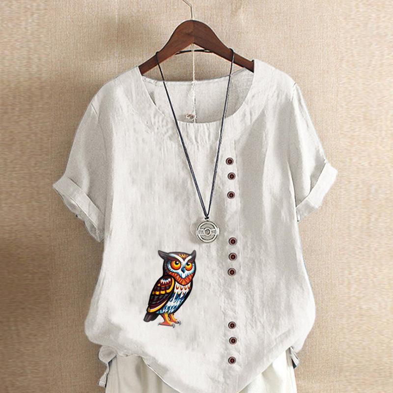 Women's Fashion Round Neck Short Sleeve T-shirt Casual Cotton Linen Graphic Shirt Leisure Loose Owl Print Prined Summer Blouse Tops
