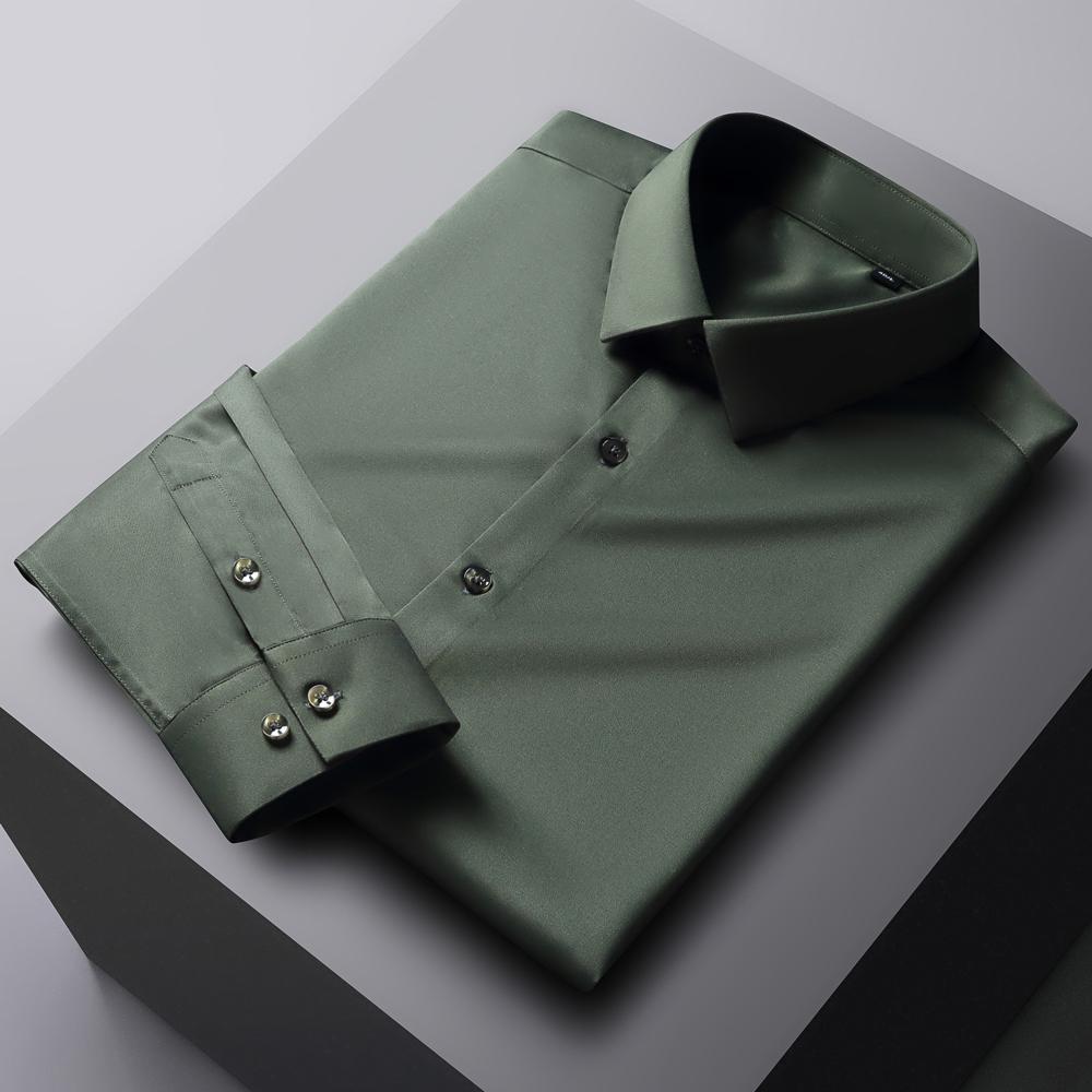 Мужская однотонная немнущаяся рубашка с длинным рукавом и эластичной тканью, шелковисто-гладкая, приятная к коже, простая в уходе, формальная мужская одежда, рубашка на пуговицах