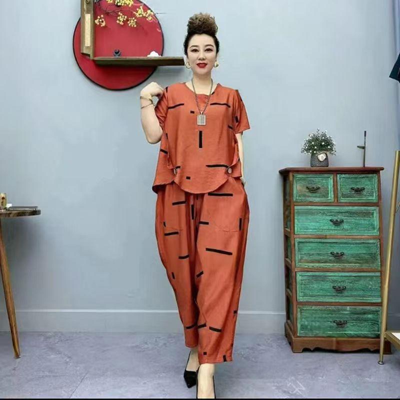 Летний женский брючный костюм, пасторальный модный свободный костюм из двух предметов с короткими рукавами, полосатый хлопко-льняной комплект с футболками и брюками