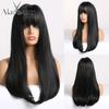 Black Long Straight Wig with Bangs Synthetic Hair Wigs for Woman Heat Resistant Fiber Party Cosplay Costume Wigs
