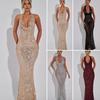 Women's Sheer Mesh Maxi Dress Sparkly Sequins See Through Halter Long Dress Deep V Neck Backless Bodycon Dress Sexy Party Outfits