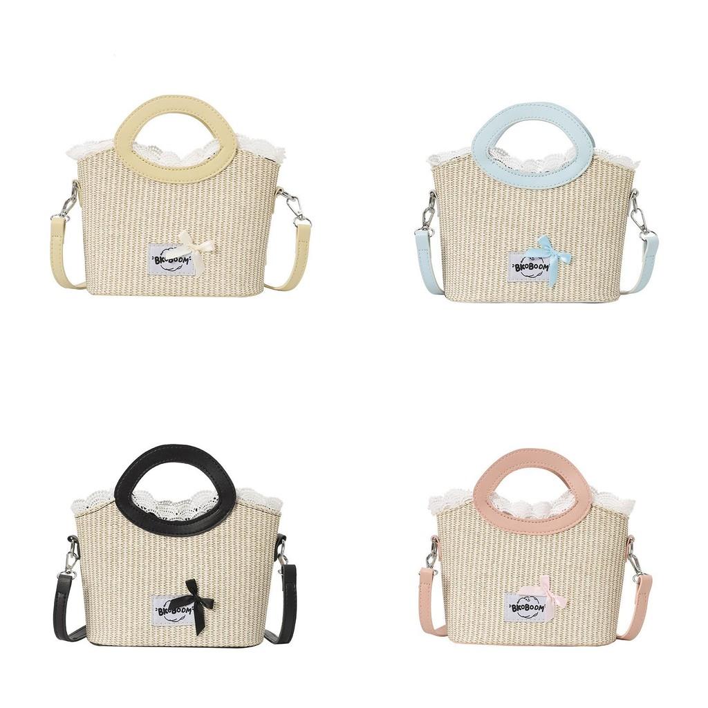 Simple Letter Bow And Lace Decoration Women Grass Woven Shoulder Bag For Daily Casual Use