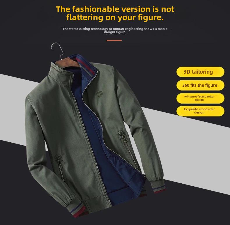 Мужская двухсторонняя хлопковая куртка на весну и осень - воротник-стойка, повседневный стиль