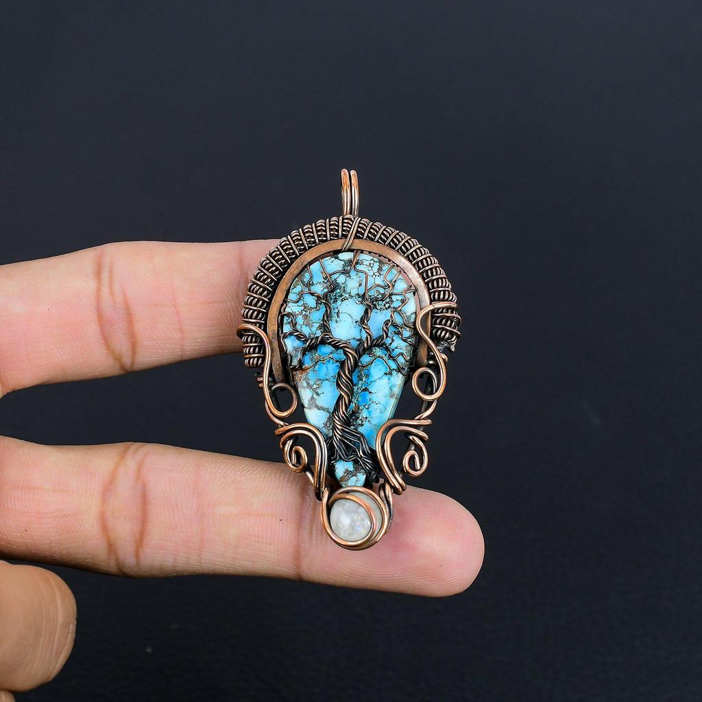 Blue Turquoise Handmade Gemstone Pendant, 999 Copper Wire Wrapped Antique Jewelry Pendant, For Engagement Gift