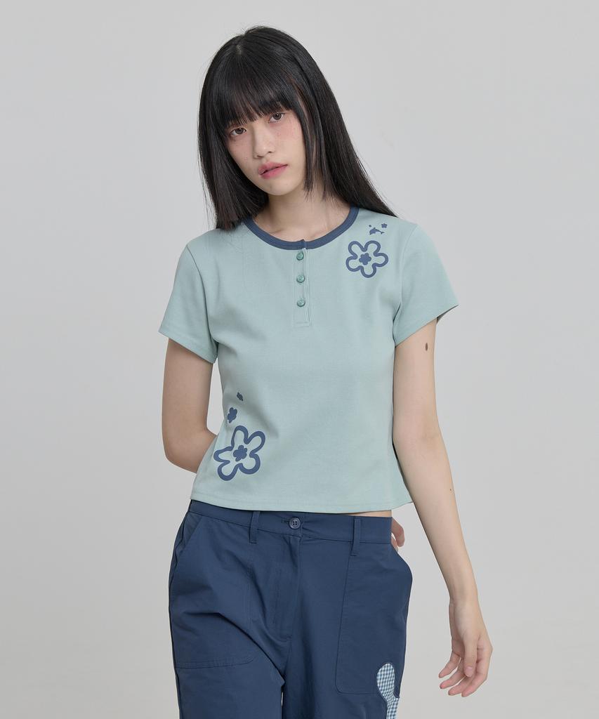 WAIKEI Flower Henley Neck Short Sleeve T-Shirt Mint