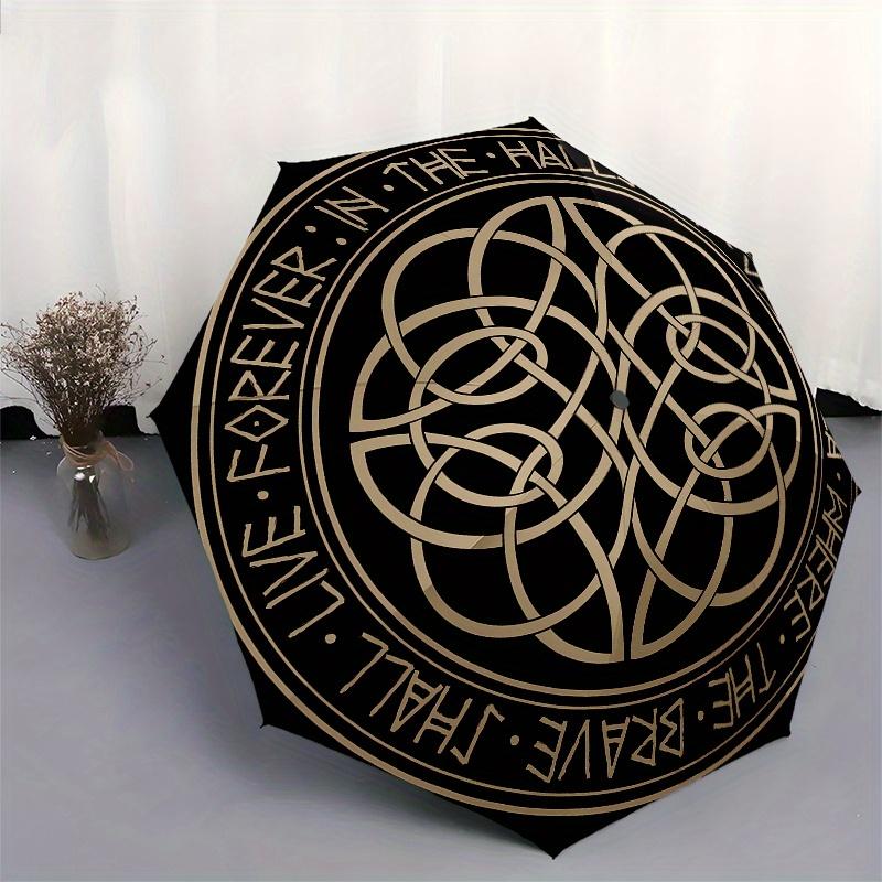 "Forever in the Halls of Valhalla" Norse Viking Warrior Sticker Umbrella, Cute Umbrella with Cute Design, Portable 3-Fold Compact Umbrella for Men & W