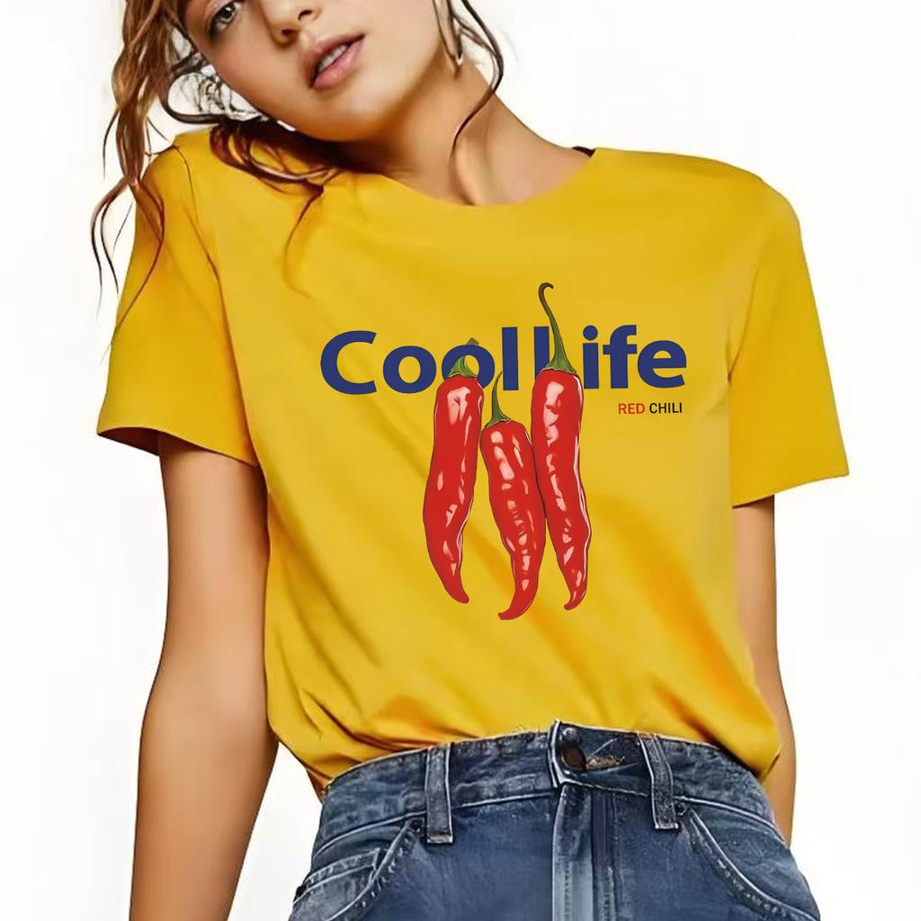 Retro fashion chili print Tshirt casual short sleeved suitable for daily wear in all seasons Womens Tshirt