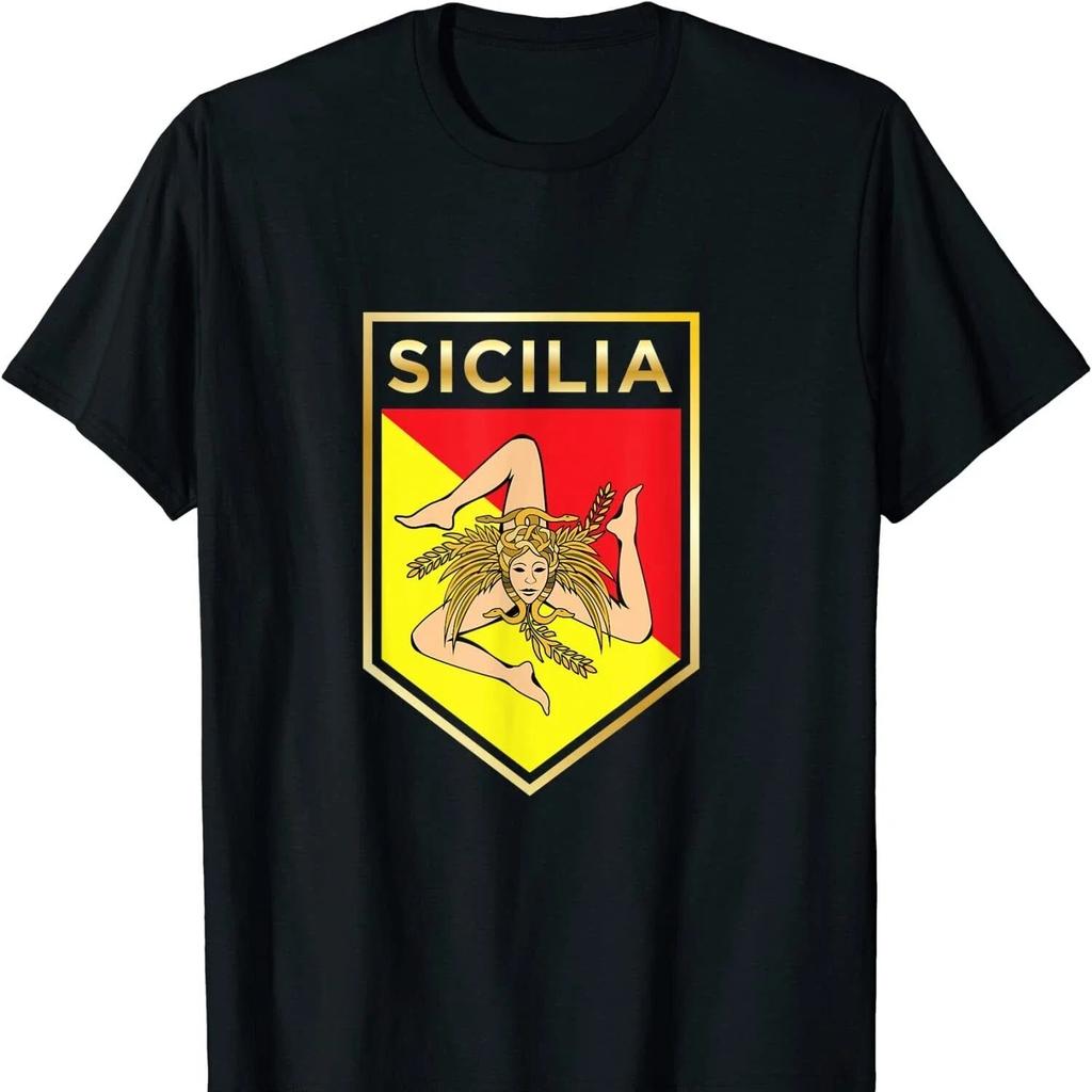 Sicilian Pride - Three-legged Crest and Shield Sicilian Flag T Shirt New 100% Cotton Short Sleeve O-Neck T-shirt Casual Mens Top