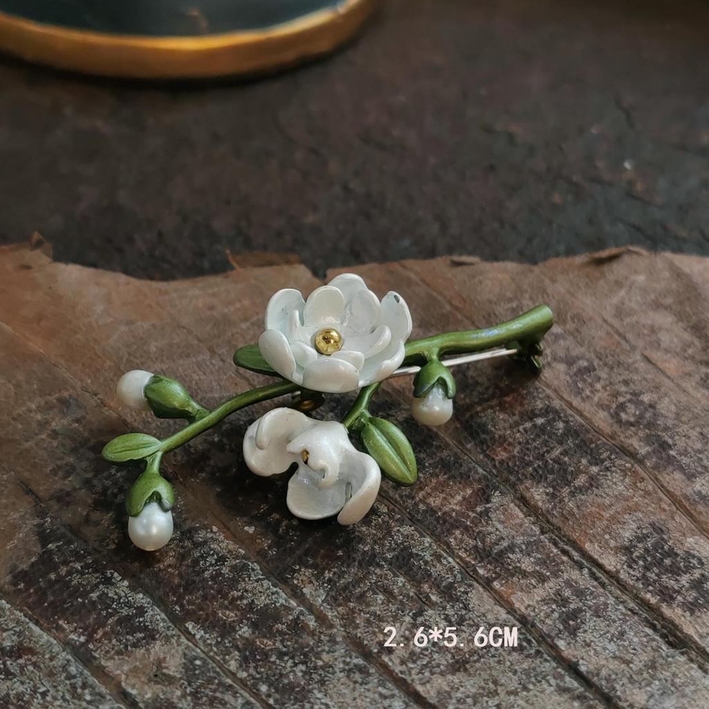 Vintage Lily of the Valley Pendant Brooch with Handmade Enamel Leaves Corsage Pin.
