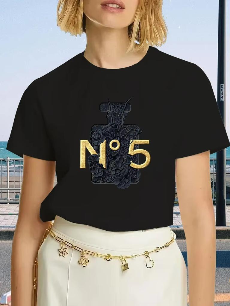 Luxury Brand Fashion Black Perfume Surrey Printed Crew Neck Clothing Short Sleeve Summer Women's Trend Y2K Oversized Tops