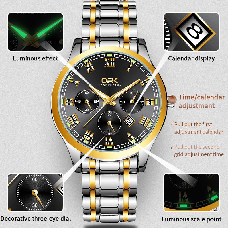 OPK Brand Steel Belt Dual Calendar MEN'S Quartz Watch 8119